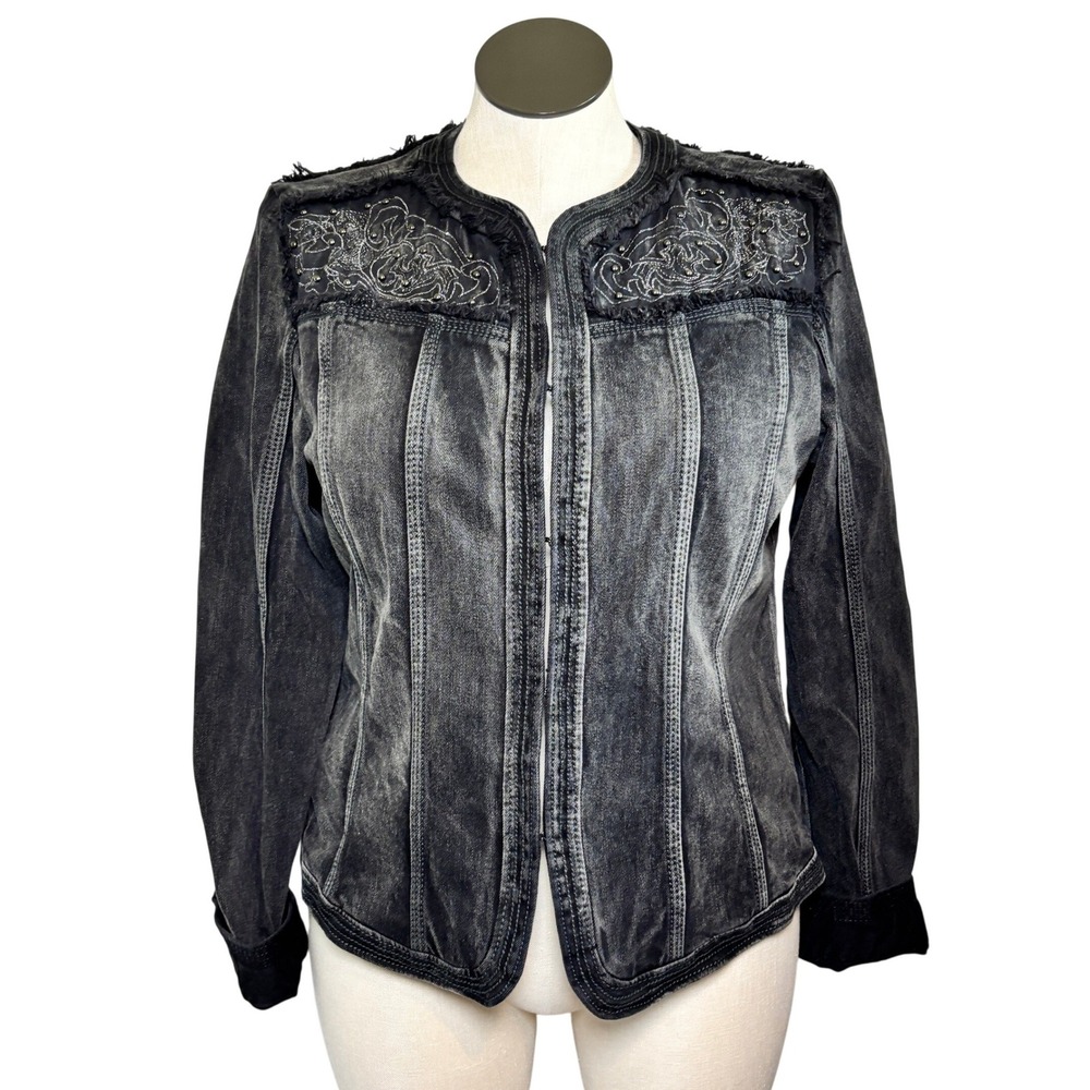 Reba Womens Washed Black Embroidered‎ Studded Western Denim Jacket Gray XL